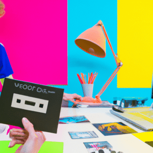 Exemplo de composição visual com estética retrô dos anos 80 no design contemporâneo