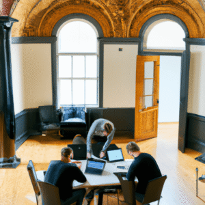 Ambiente de coworking em edifício histórico